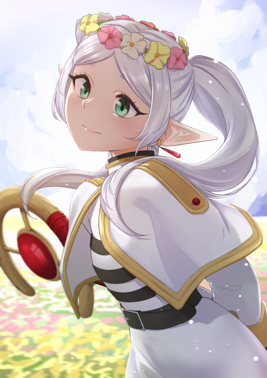 1girl, absurdres, atpoppet, blush, capelet, commentary, dangle_earrings, dress, earrings, elf, flower, frieren, green_eyes, grey_background, head_wreath, highres, jewelry, long_hair, looking_at_viewer, outdoors, parted_bangs, pink_flower, pointy_ears, shirt, simple_background, smile, solo, sousou_no_frieren, staff, striped, striped_shirt, twintails, white_capelet, white_dress, white_flower, white_hair, yellow_flower