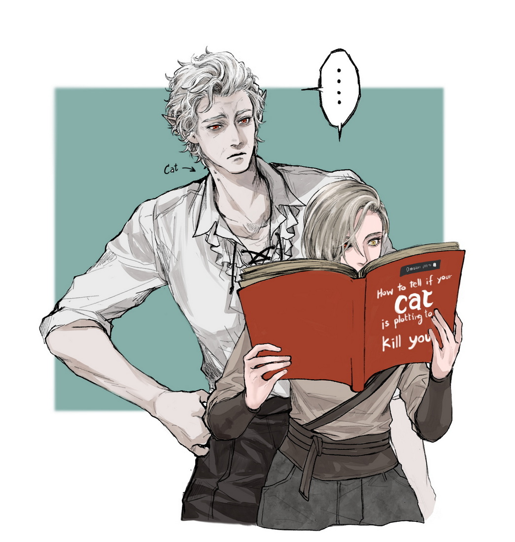 ..., 1boy, 1girl, astarion, baldur's_gate, baldur's_gate_3, black_pants, blonde_hair, book, border, brown_shirt, collarbone, collared_shirt, commentary, covered_mouth, cowboy_shot, cropped_legs, dungeons_and_dragons, elf, english_commentary, frilled_shirt, frills, green_background, grey_pants, hand_on_own_hip, height_difference, heterochromia, holding, holding_book, outside_border, pants, pointy_ears, reading, red_eyes, shared_speech_bubble, shirt, short_hair, simple_background, speech_bubble, spoken_ellipsis, standing, swept_bangs, tav_(baldur's_gate_3), white_border, white_hair, white_shirt, yellow_eyes, yokibear_yok