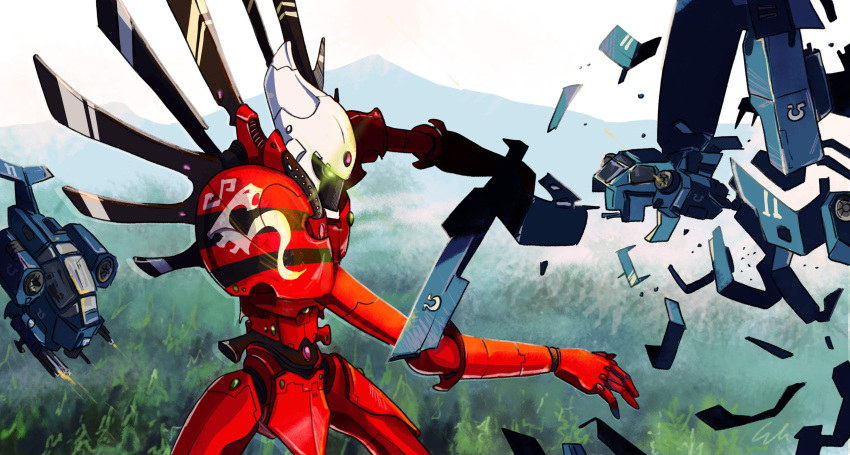 absurdres, aircraft, armor, battle, blue_armor, crossover, debris, eldar, eva_02, forehead_jewel, forest, glowing, glowing_eyes, gun, highres, horizon, kakatrin, landscape, mecha, military_vehicle, mountain, mountainous_horizon, multicolored_armor, nature, neon_genesis_evangelion, outdoors, red_armor, robot, science_fiction, stomach_jewel, titan_(warhammer_40k), tree, ultramarines, warhammer_40k, weapon, white_armor, yellow_eyes