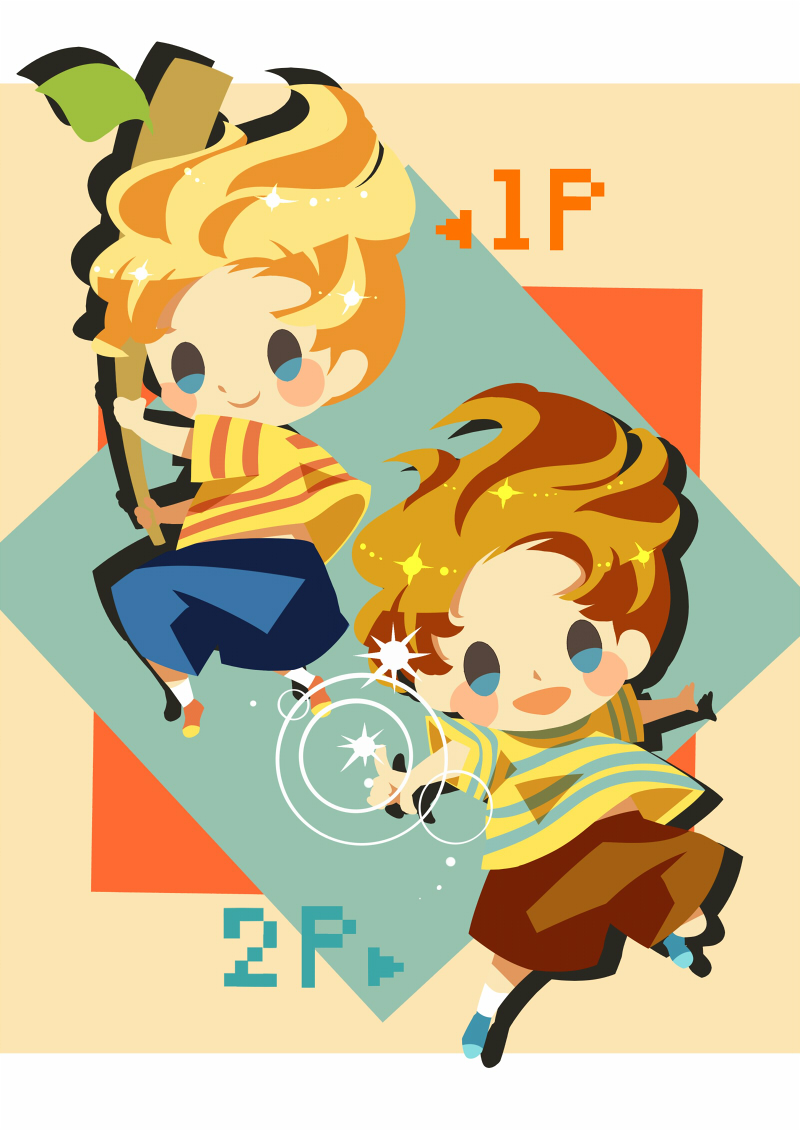 alternate_color, blonde_hair, blue_footwear, blue_shorts, blush_stickers, brown_hair, brown_shorts, casting_spell, claus_(mother_3), claus_(mother_3)_(cosplay), closed_mouth, cosplay, full_body, hitofutarai, holding, holding_stick, lucas_(mother_3), mother_(game), mother_3, open_mouth, orange_footwear, player_2, shirt, short_hair, shorts, smile, socks, stick, striped, striped_shirt, super_smash_bros., white_socks
