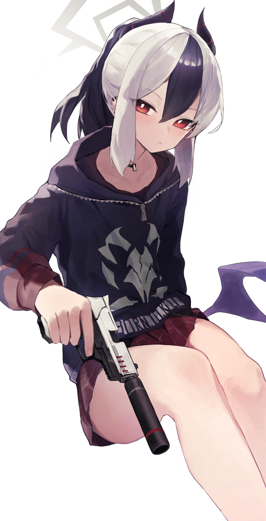 1girl, absurdres, black_hair, black_hoodie, black_horns, blue_archive, closed_mouth, demon_horns