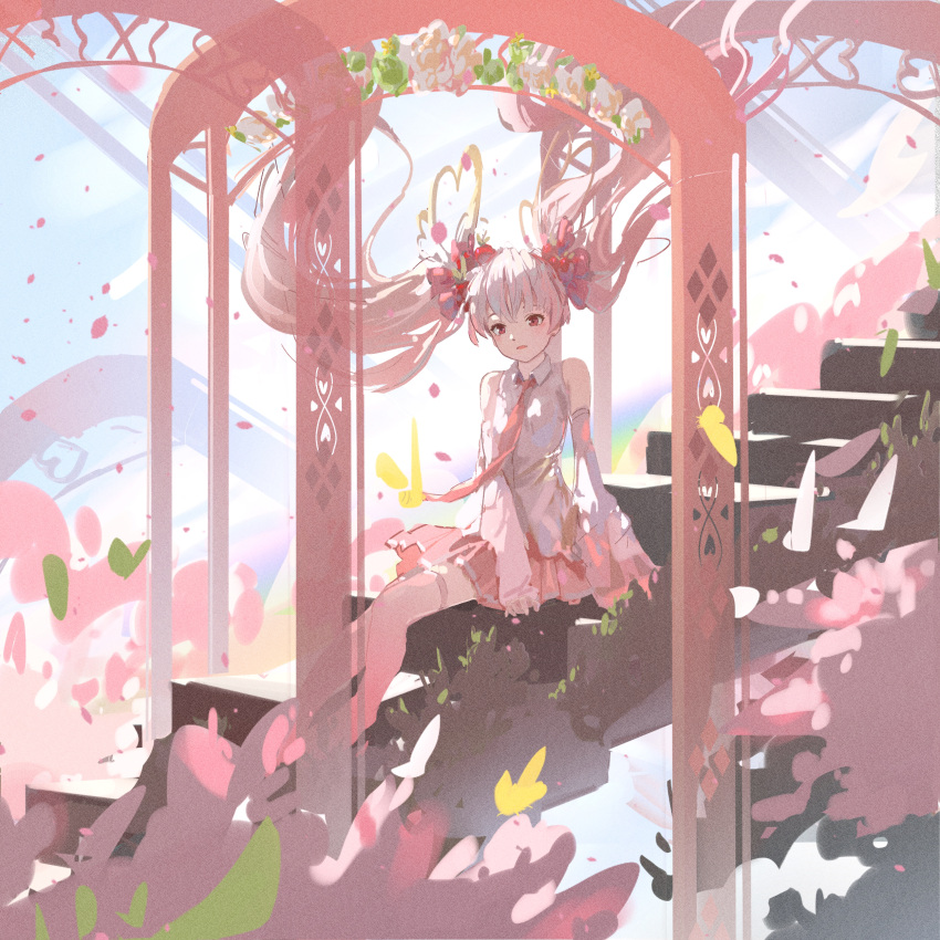 1girl, absurdres, cherry_blossoms, falling_petals, flower, hair_flowing_over, happopitoisuus, hatsune_miku