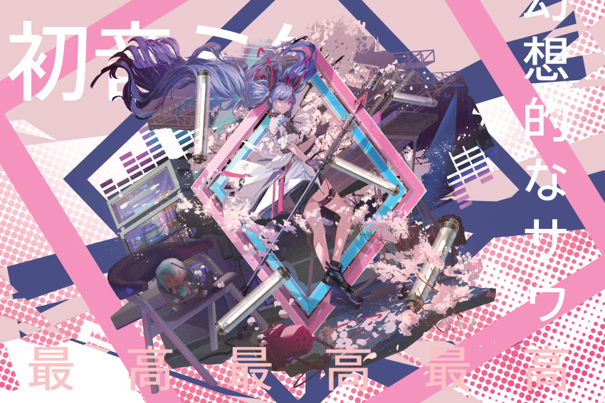 1girl, absurdres, black_shorts, blue_eyes, blue_hair, cherry_blossoms, hair_flowing_over, happopitoisuus