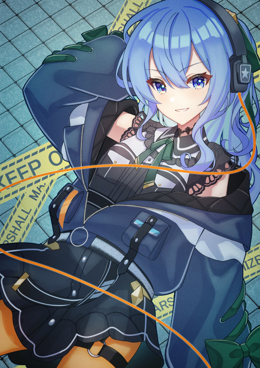 1girl, absurdres, blue_eyes, blue_hair, cable, caution_tape, choker, collared_shirt, grin, hand_up, headphones, highres, hololive, hoshimachi_suisei, hoshimachi_suisei_(streetwear), jacket, lace, lace_choker, long_hair, long_sleeves, looking_at_viewer, neck_ribbon, o-ring, o-ring_thigh_strap, off_shoulder, pantyhose, pocket, ribbon, shirt, short_sleeves, skirt, smile, solo, thigh_strap, tsumurimai, unzipped, virtual_youtuber