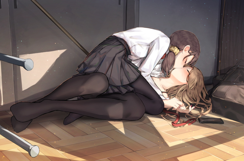 2girls, bag, benevole, black_bag, black_pantyhose, black_skirt, blonde_hair, blush