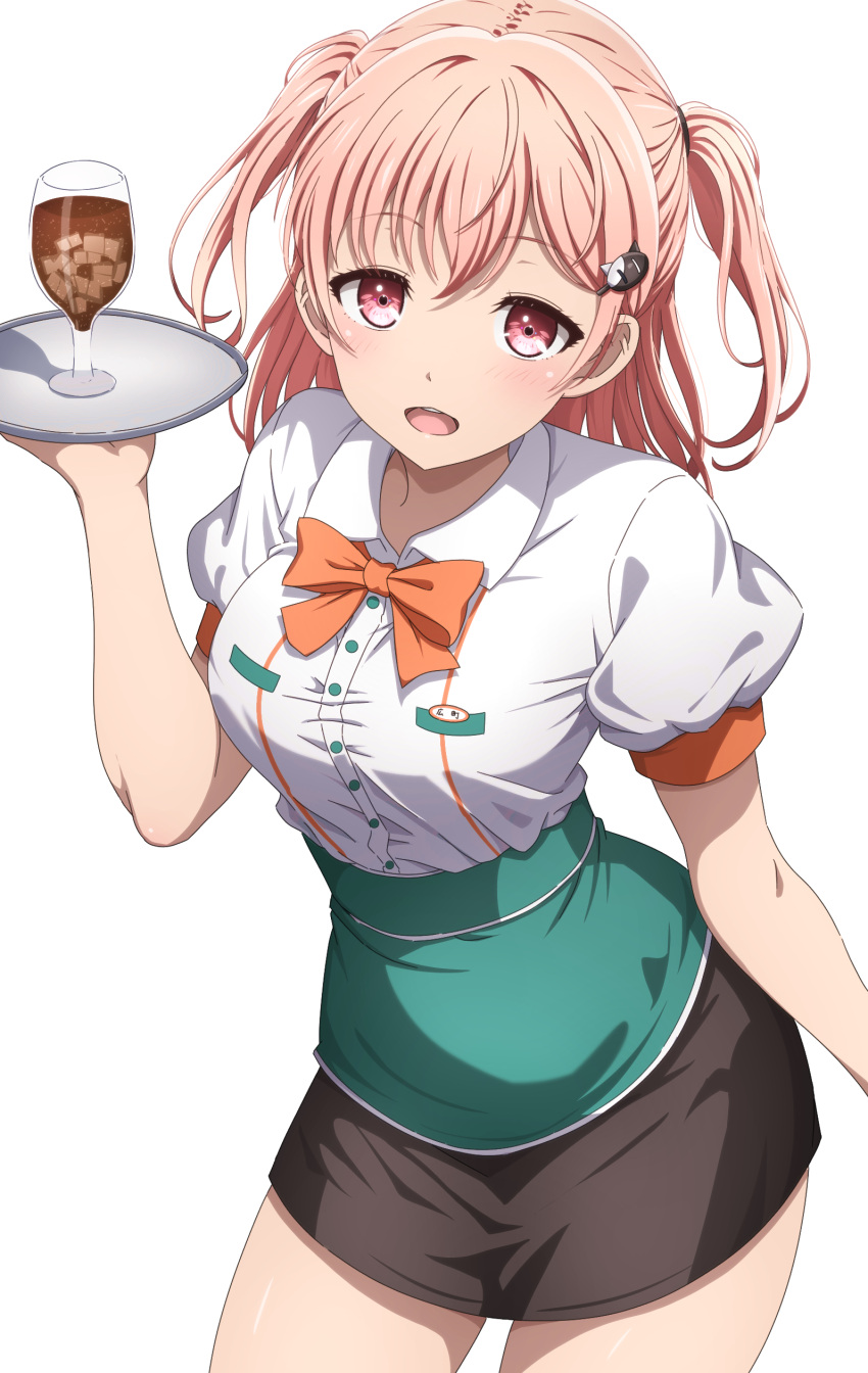 1girl, absurdres, apron, aqua_apron, arm_at_side, bang_dream!, black_skirt, blush, bow, bowtie, breasts, buttons, cat_hair_ornament, collared_shirt, commentary_request, contrapposto, cowboy_shot, cup, drink, drinking_glass, hair_ornament, hairclip, hand_up, highres, hiromachi_nanami, holding, holding_tray, ice, ice_cube, long_hair, looking_at_viewer, medium_breasts, miniskirt, name_tag, noshimurin, open_mouth, orange_bow, orange_bowtie, pink_eyes, pink_hair, puffy_short_sleeves, puffy_sleeves, shirt, short_sleeves, simple_background, skirt, smile, solo, standing, teeth, tray, two_side_up, upper_teeth_only, waist_apron, waitress, white_background, white_shirt