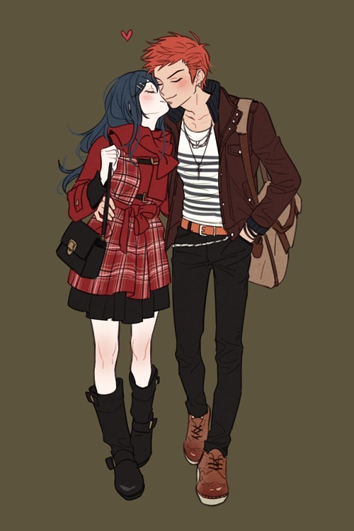 1boy, 1girl, bag, belt, black_footwear, blue_hair, blush, boots
