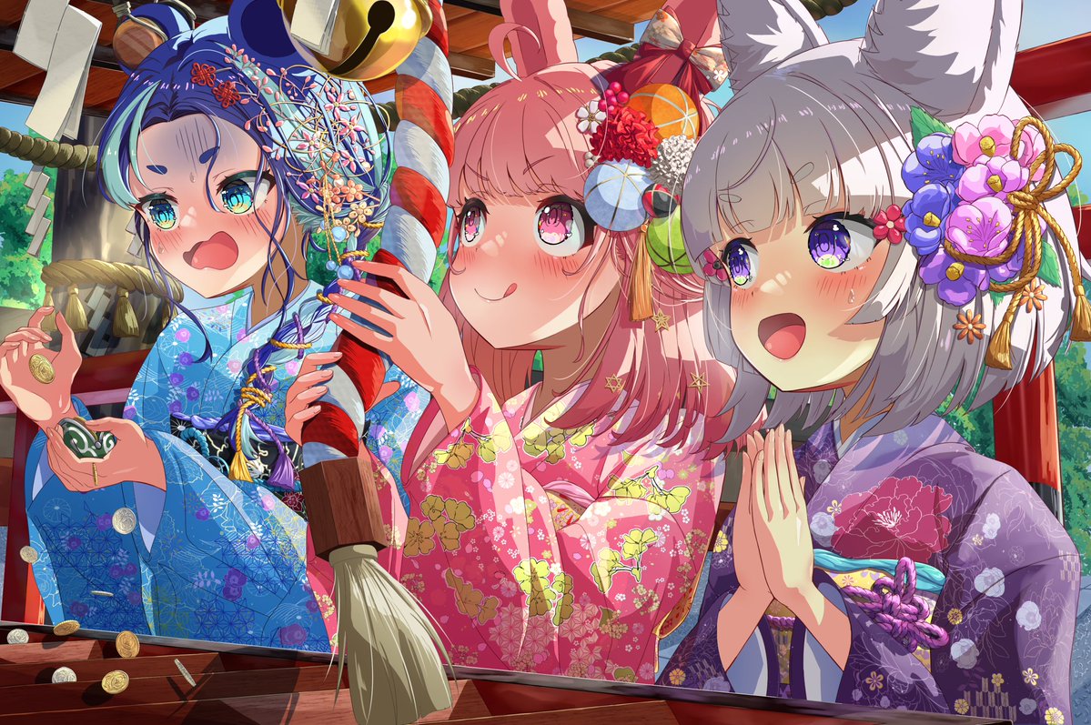 3girls, :q, ahoge, animal_ears, aqua_hair, bear_ears, bear_girl, bell, blue_eyes, blue_flower, blue_hair, blue_kimono, blush, coin, floral_print, flower, flower_knot, fox_ears, fox_girl, fujikura_uruka, grey_hair, hair_flower, hair_ornament, holding, holding_rope, itsuki_en, japanese_clothes, kimono, kouhaku_nawa, multicolored_hair, multiple_girls, open_mouth, own_hands_together, phase_connect, pink_eyes, pink_flower, pink_hair, pink_kimono, pipkin_pippa, purple_flower, purple_kimono, rabbit_ears, rabbit_girl, rope, shimenawa, shrine, streaked_hair, tenma_maemi, tongue, tongue_out, torii, violet_eyes