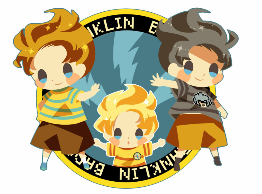 3boys, alternate_color, blonde_hair, blue_eyes, blue_footwear, blue_outline, blush_stickers, brown_hair