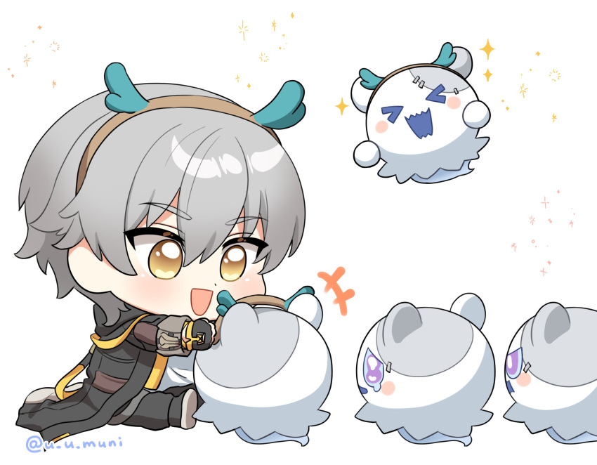 1boy, antlers, black_gloves, black_jacket, caelus_(honkai:_star_rail), chibi, deer_antlers, gloves