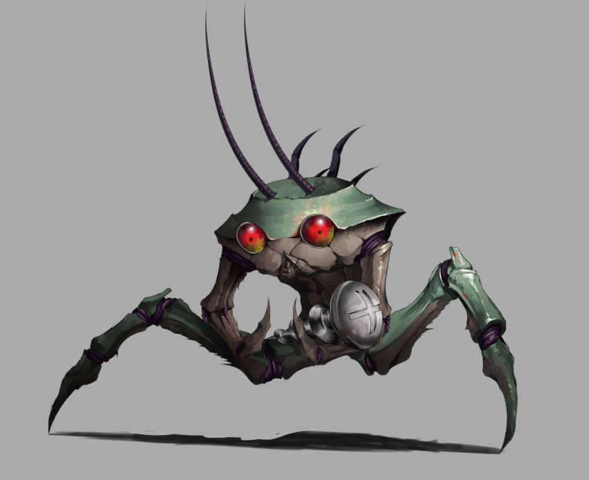 absurdres, antennae, bug, full_body, glowing, glowing_eyes, grey_background, grub_grub