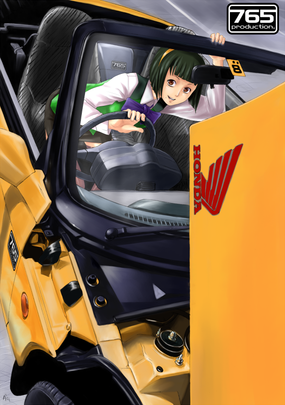 bow, brown_eyes, car, damp, hairband, idolmaster, otonashi_kotori, short_hair, smile, solo