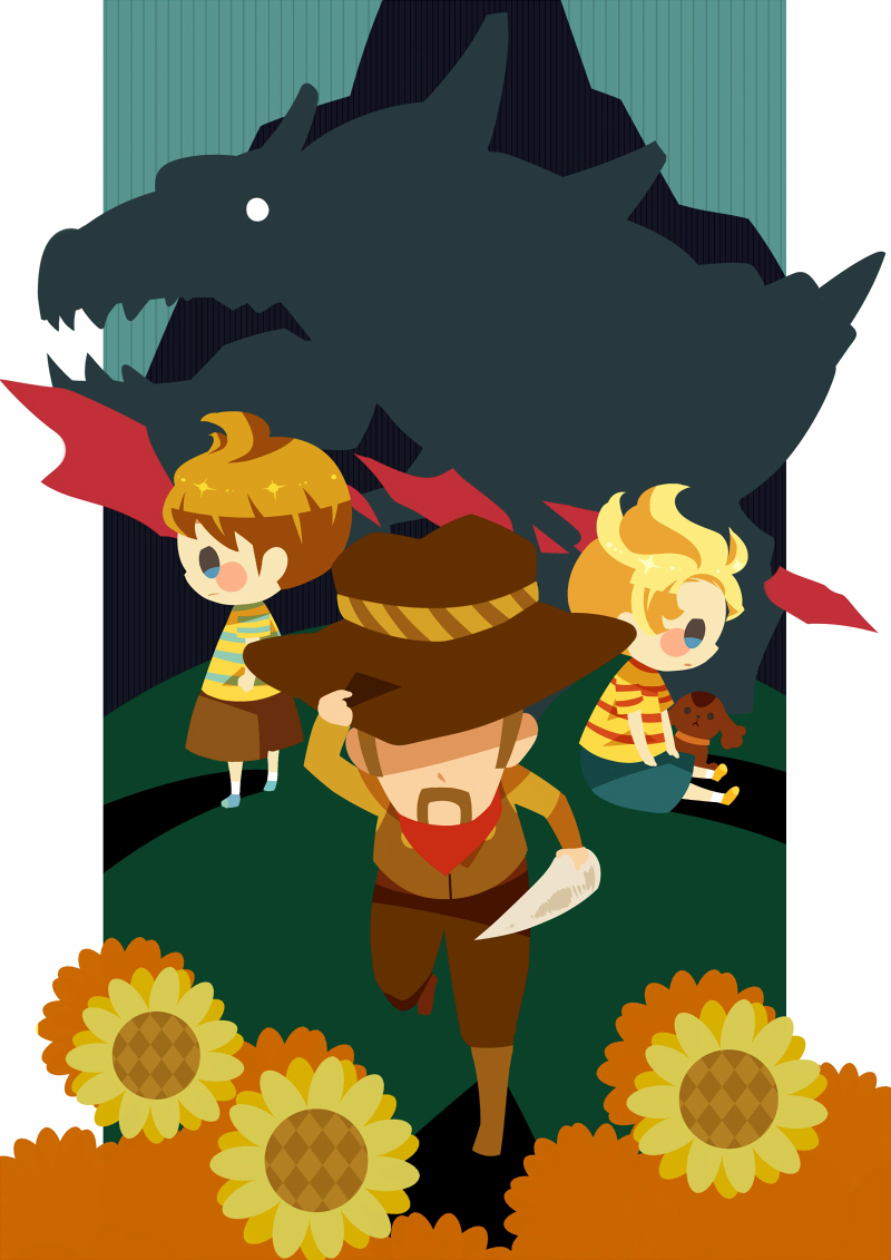 3boys, animal, bandana_around_neck, blonde_hair, blue_footwear, blue_shorts, boney, brown_dog, brown_footwear, brown_hair, brown_headwear, brown_pants, brown_shorts, claus_(mother_3), cowboy_hat, facial_hair, flint_(mother_3), flower, hat, hat_over_eyes, hitofutarai, lucas_(mother_3), male_focus, mother_(game), mother_3, multiple_boys, mustache, orange_footwear, pants, running, shadow, shirt, short_hair, shorts, sitting, striped, striped_shirt, sunflower, yellow_flower