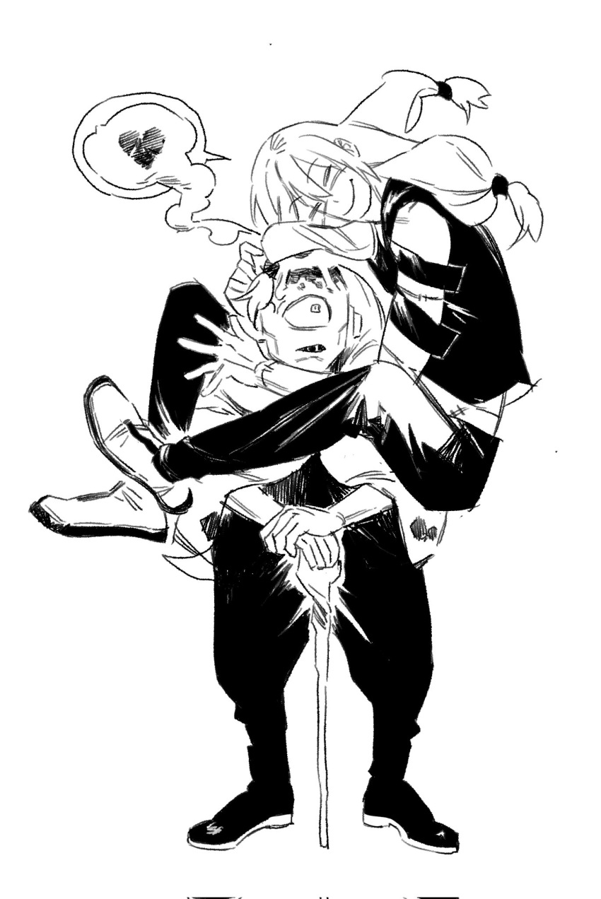 2boys, anger_vein, angry, arms_around_neck, black_pants, black_teeth, cane, clenched_teeth, closed_eyes, heart, highres, hug, indian_style, jogo_(jujutsu_kaisen), jujutsu_kaisen, leg_lock, long_hair, long_sleeves, looking_at_another, mahito_(jujutsu_kaisen), male_focus, monochrome, monster, multiple_boys, one-eyed, pants, sansanpai, short_hair, sitting, smile, spoken_heart, stitches, teeth, twintails, white_background, white_hair