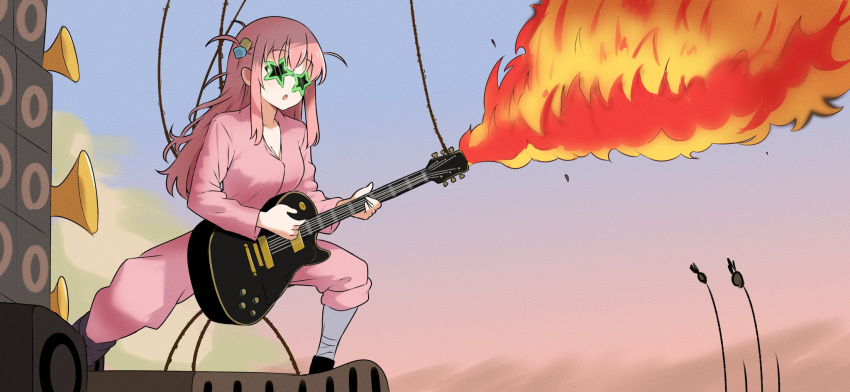 1girl, :o, amogan, bocchi_the_rock!, commentary, english_commentary, fire, gotoh_hitori