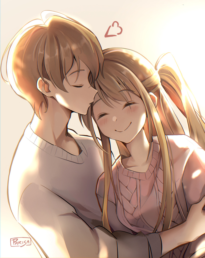 1boy, 1girl, absurdres, artist_name, blonde_hair, blush, brother_and_sister, closed_eyes