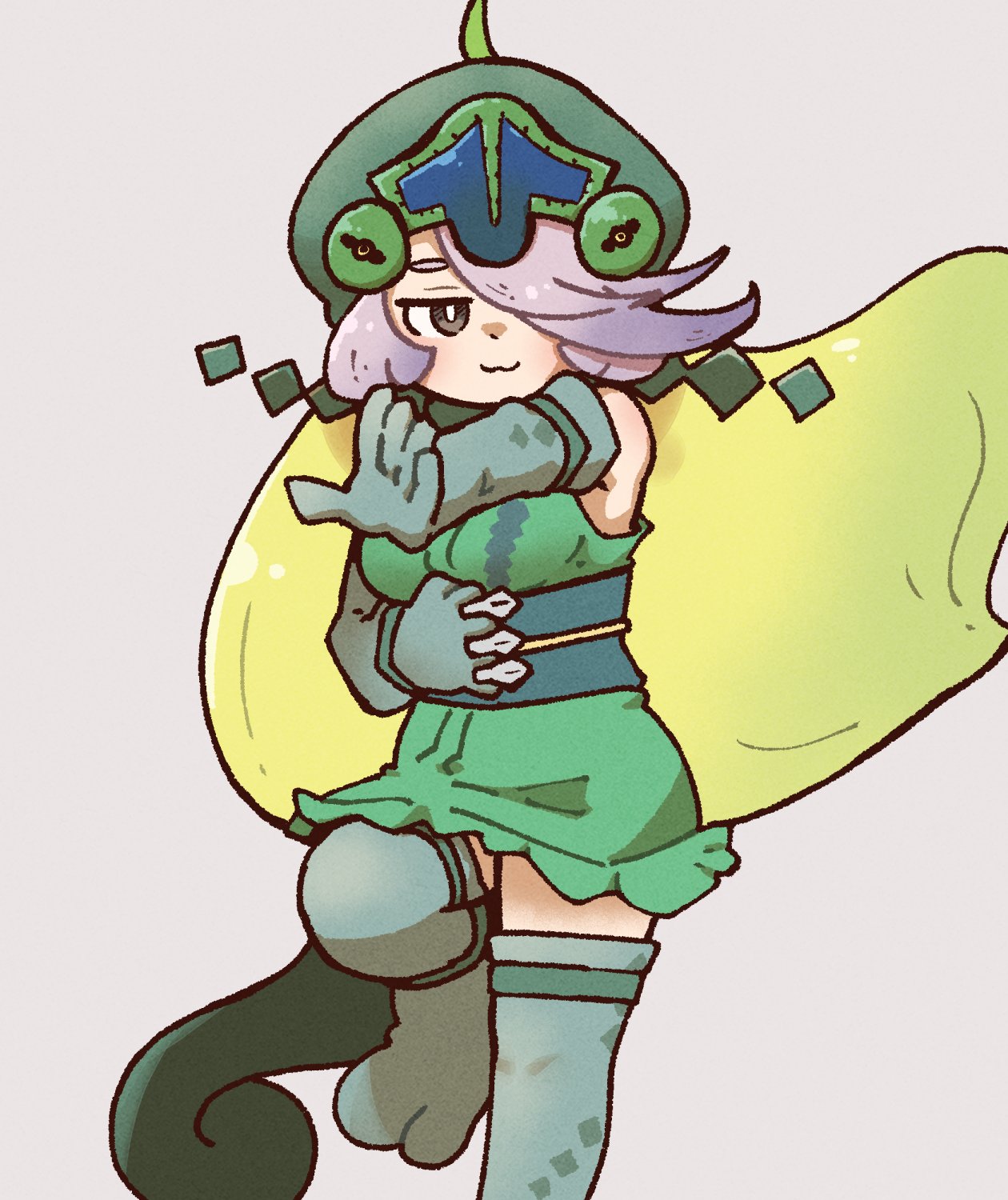 1girl, chameleon_girl, chameleon_tail, elbow_gloves, gloves, green_hair, grey_background, grey_eyes