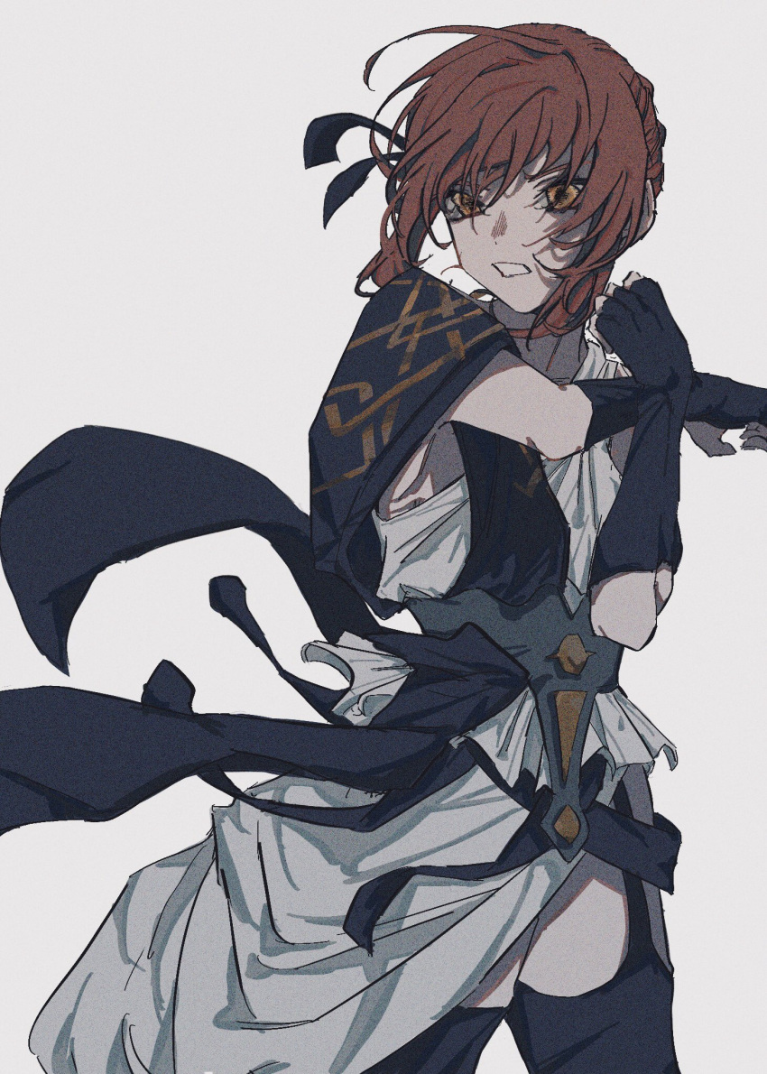 1girl, ancient_greek_clothes, black_gloves, black_ribbon, black_thighhighs, clenched_teeth, cowboy_shot, fate/strange_fake