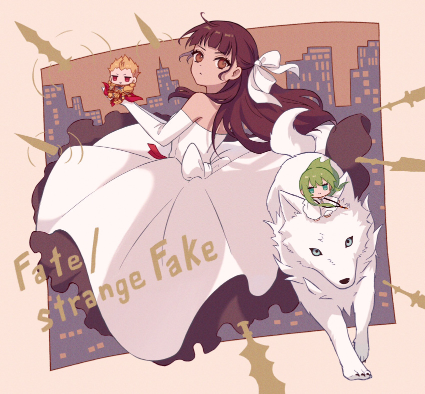 1boy, 1girl, 1other, :<, animal, back_bow, biitu, blonde_hair