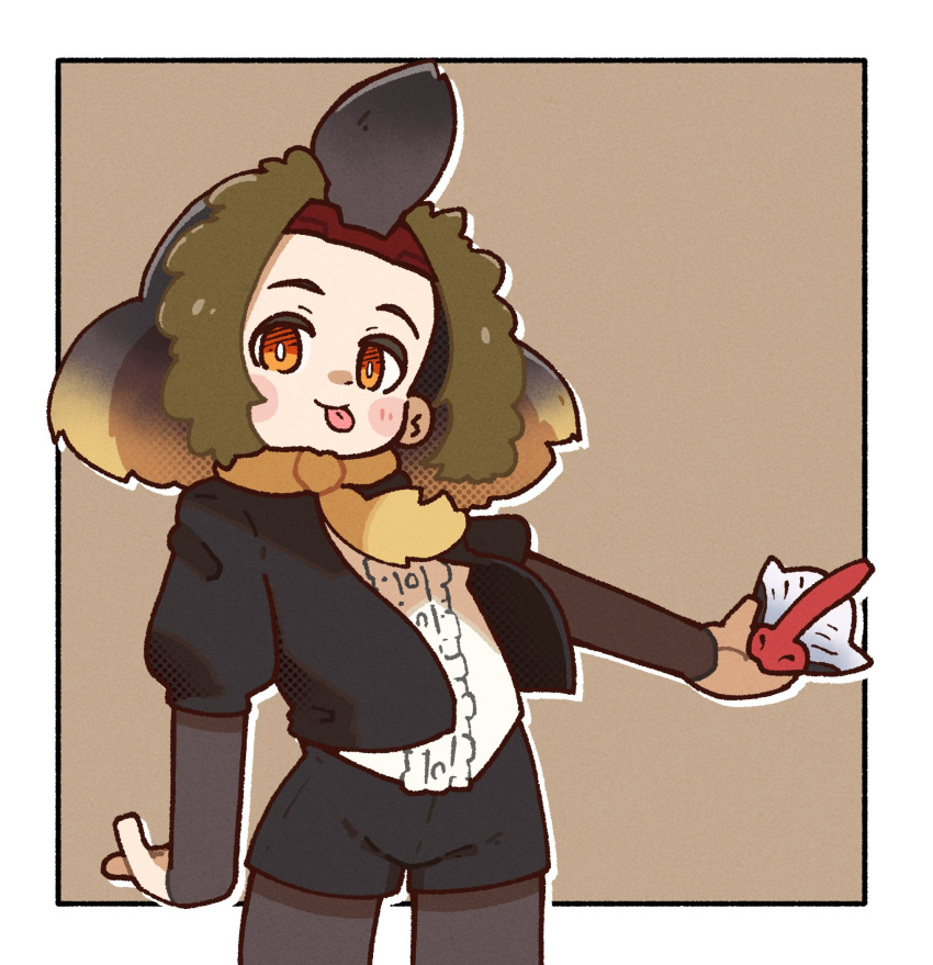 1girl, black_hair, black_jacket, blonde_hair, brown_background, brown_eyes, brown_hair, highres