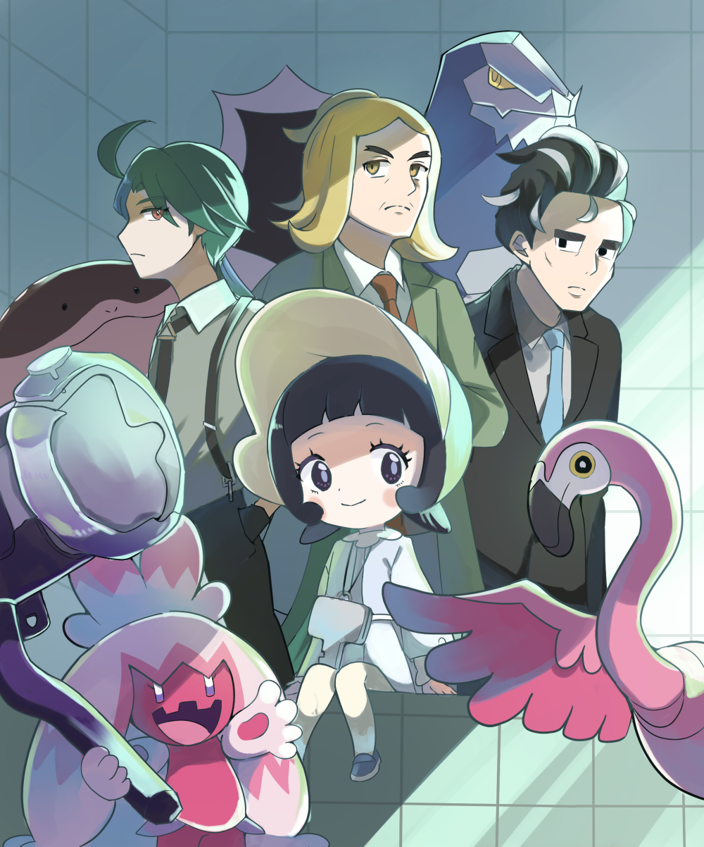 2boys, 2girls, ahoge, baxcalibur, black_hair, black_jacket, blonde_hair, clodsire