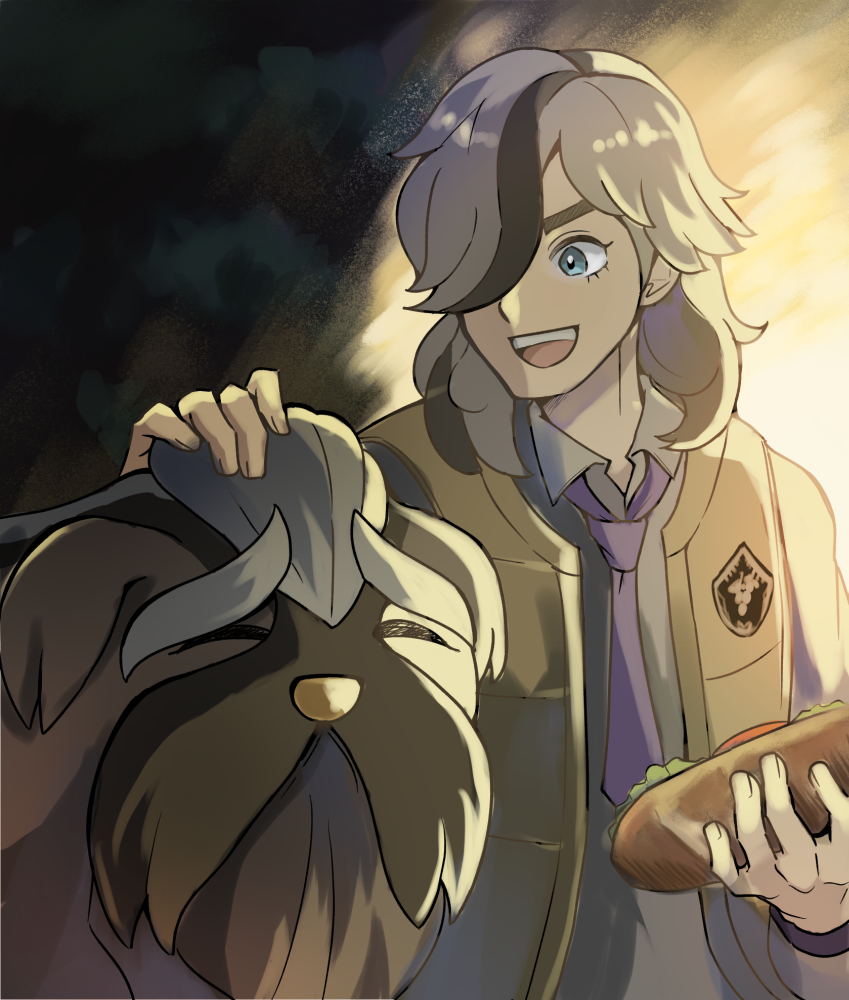 1boy, :d, arven_(pokemon), collared_shirt, commentary_request, eri_(rcn_natural13), food, green_eyes