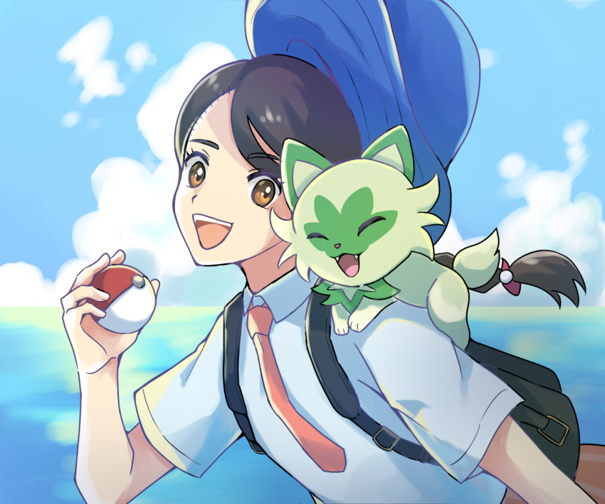 1girl, :d, backpack, bag, black_bag, blue_headwear, brown_eyes, brown_hair