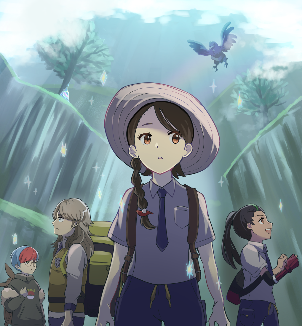 1boy, 3girls, arven_(pokemon), backpack, bag, blue_hair, braid, breast_pocket