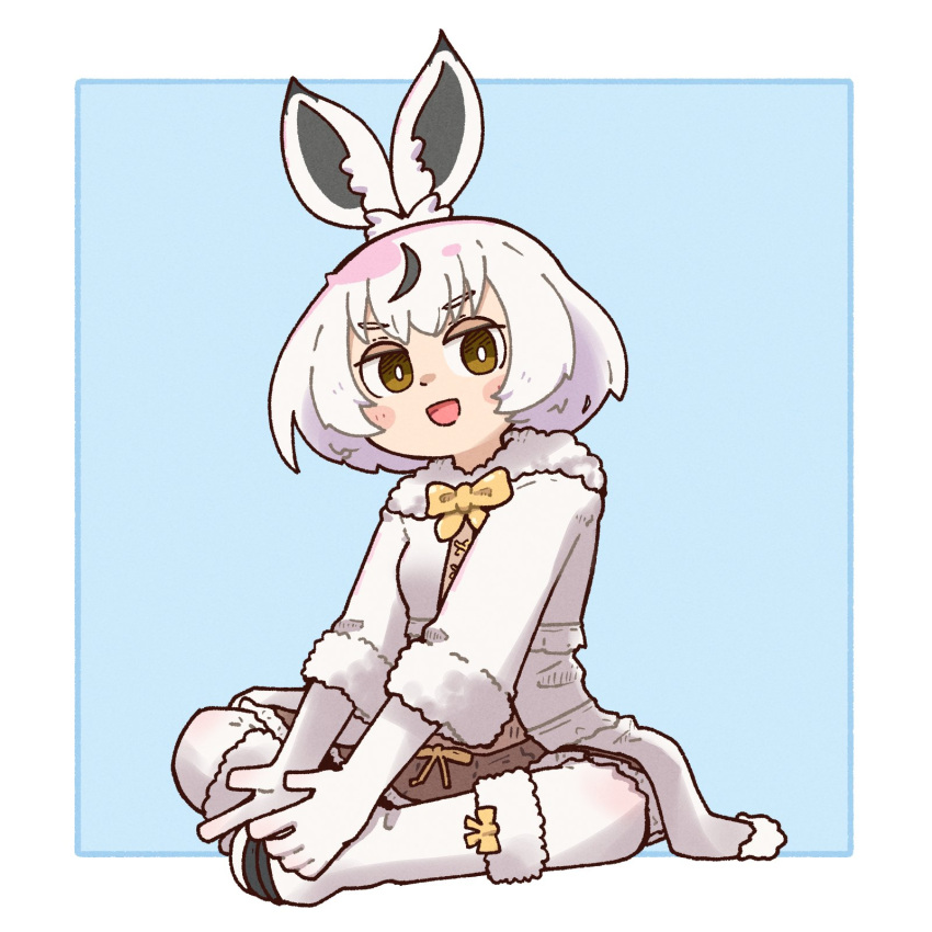 1girl, animal_ears, blue_background, boots, bow, bowtie, brown_eyes, elbow_gloves