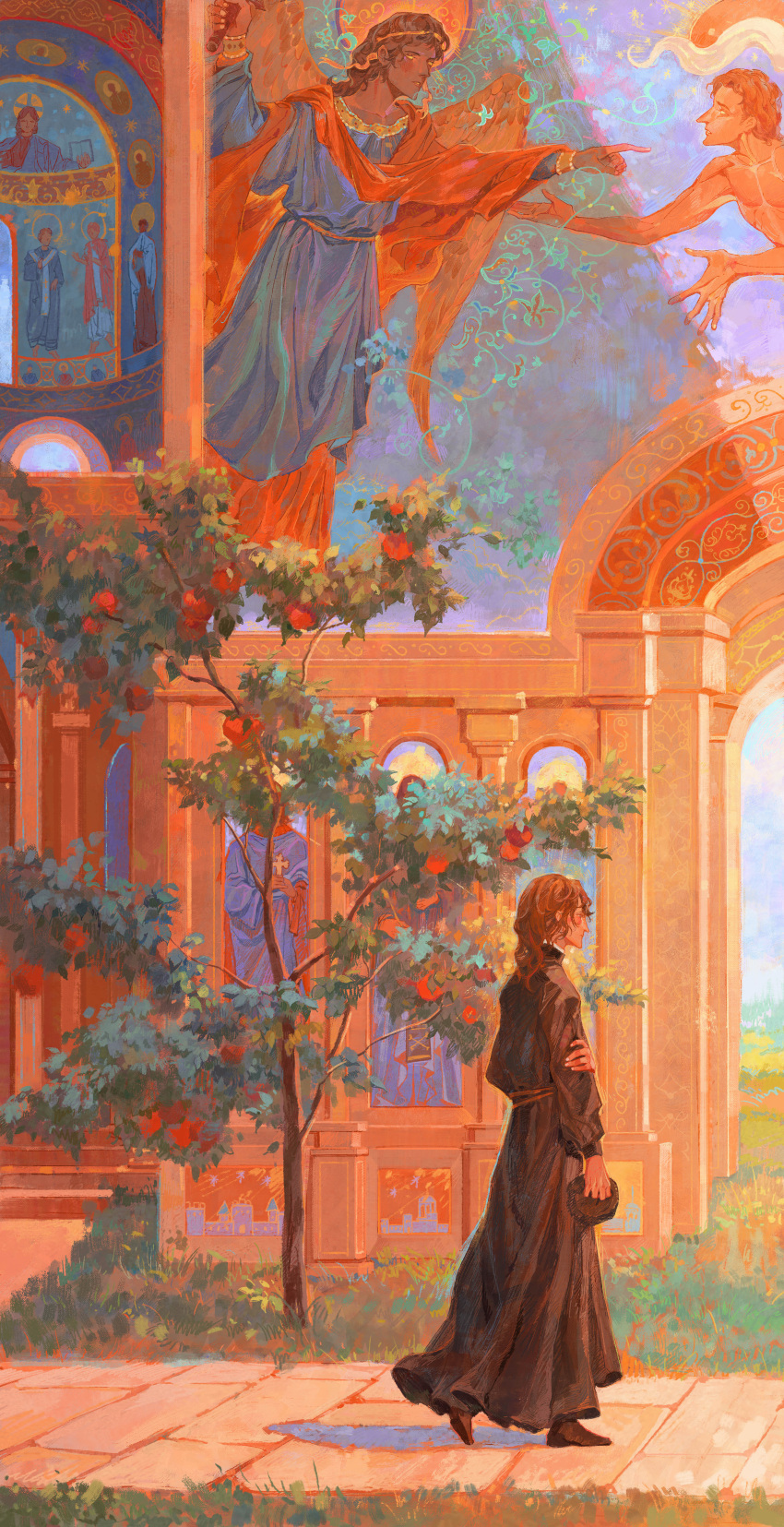 1boy, absurdres, alexei_karamazov, angel, apple, arch, brown_hair, brown_robe, day, food, fruit, grass, highres, holding, holding_own_arm, icon_(religion), leaf, long_hair, monk, outdoors, profile, religion, robe, sutekooooo, the_karamazov_brothers, tree, walking