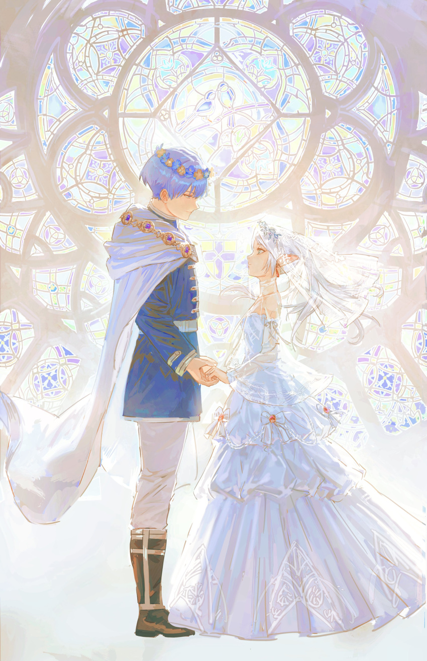 1boy, 1girl, absurdres, black_footwear, blue_eyes, blue_hair, boots, bridal_veil