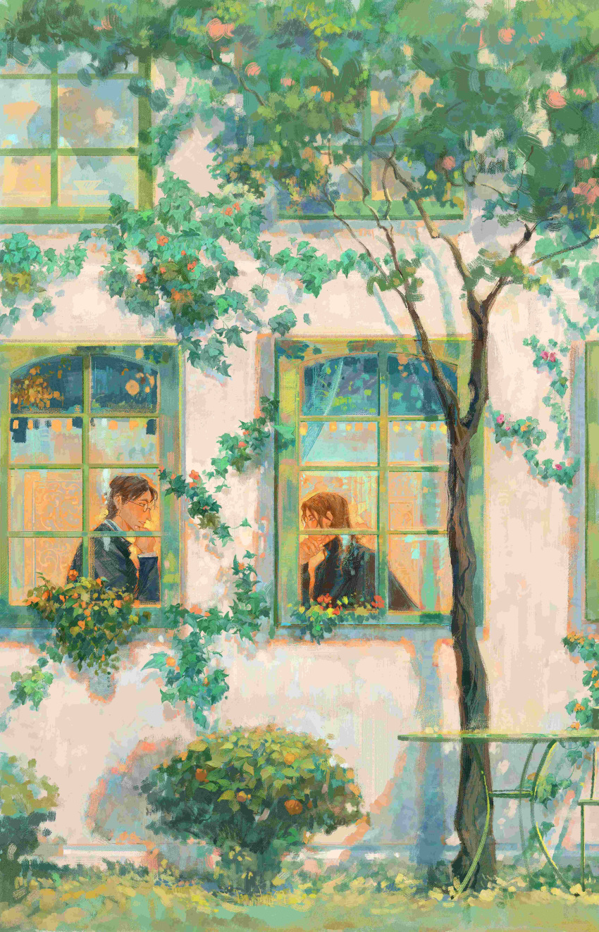 2boys, absurdres, alexei_karamazov, black_shirt, black_suit, brothers, brown_hair, building