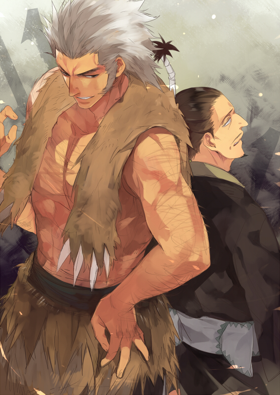 2boys, back-to-back, bear, beard_stubble, cloak, cowboy_shot, facial_hair, fur_(clothing), fur_cloak, get3, goatee, grey_hair, hairy, hunter_x_hunter, loincloth, looking_back, male_focus, mature_male, medium_hair, multiple_boys, muscular, muscular_male, mustache_stubble, nobunaga_hazama, pectorals, ronin, short_hair, sparse_arm_hair, sparse_chest_hair, thick_eyebrows, uvogin