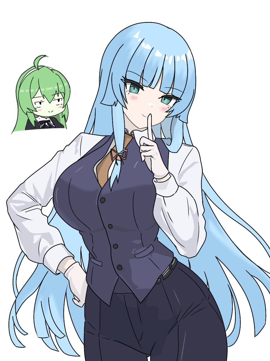 2girls, ahoge, alternate_hair_color, aqua_eyes, assault_lily, banshouya_ena, black_pants, black_ribbon, black_vest, blue_hair, blunt_bangs, blunt_ends, breasts, buttons, chibi, chibi_inset, closed_mouth, collared_shirt, commentary, cowboy_shot, finger_to_mouth, gloves, green_hair, hair_between_eyes, hairband, hand_on_own_hip, hand_up, head_tilt, highres, index_finger_raised, jitome, kimassi, large_breasts, long_hair, looking_at_another, looking_at_viewer, multiple_girls, neck_ribbon, pants, ribbon, school_uniform, shirt, sidelocks, simple_background, smile, standing, tanaka_ichi, very_long_hair, vest, white_background, white_gloves, white_hairband, white_shirt, yurigaoka_girls_academy_school_uniform