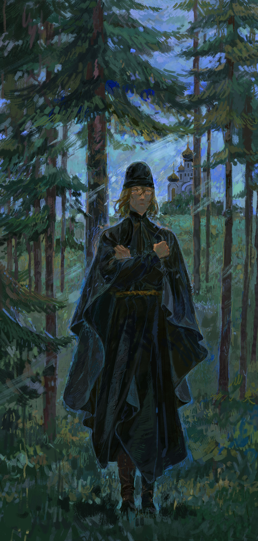 1boy, absurdres, alexei_karamazov, black_headwear, black_robe, church, crossed_arms, crying