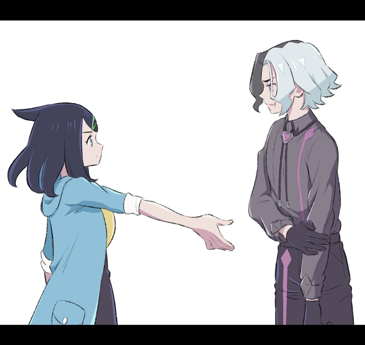 1boy, 1girl, amethio_(pokemon), black_hair, black_shorts, closed_mouth, coat, collared_shirt