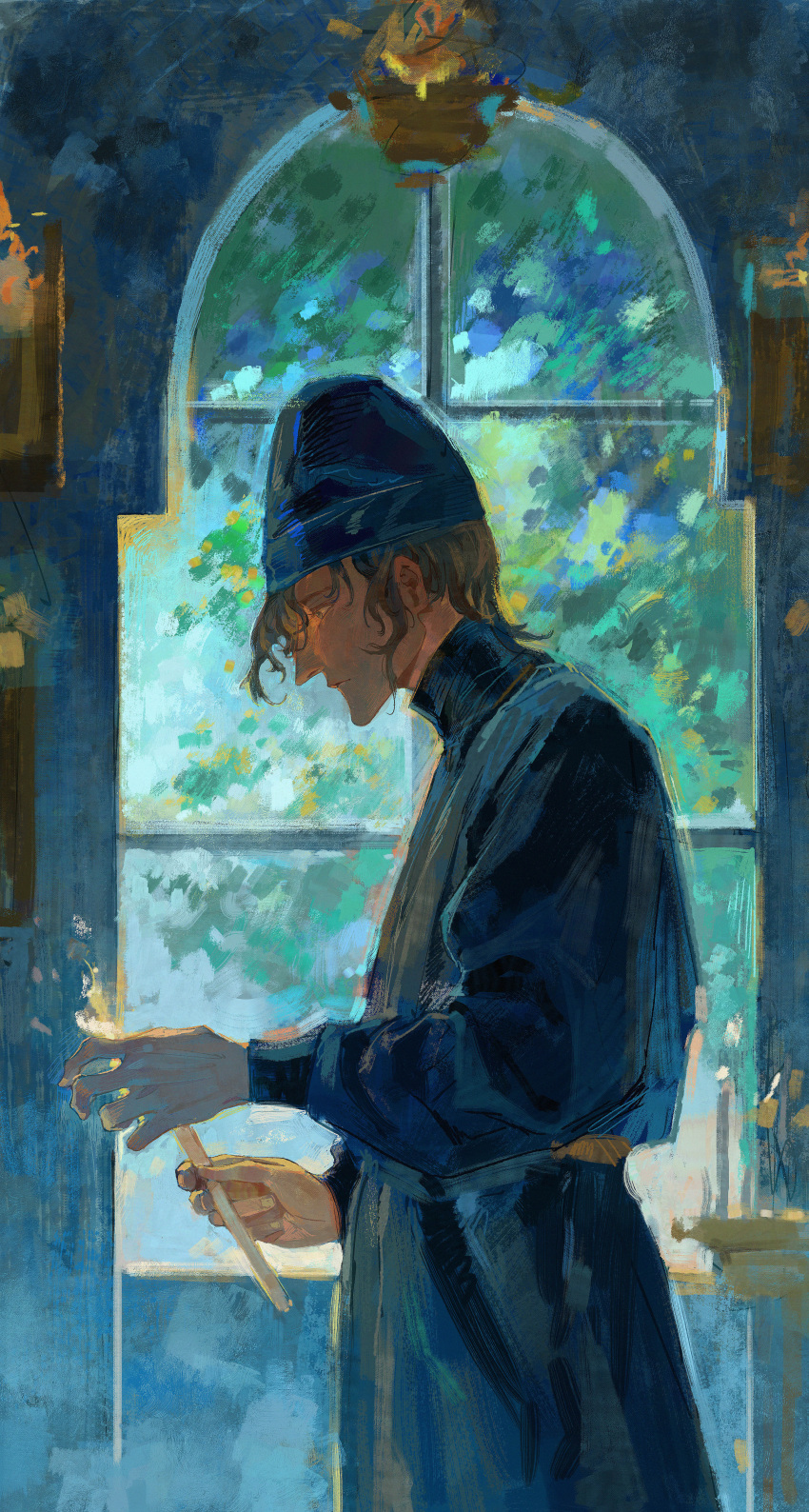 1boy, absurdres, black_headwear, black_robe, brown_hair, candle, cowboy_shot, curly_hair