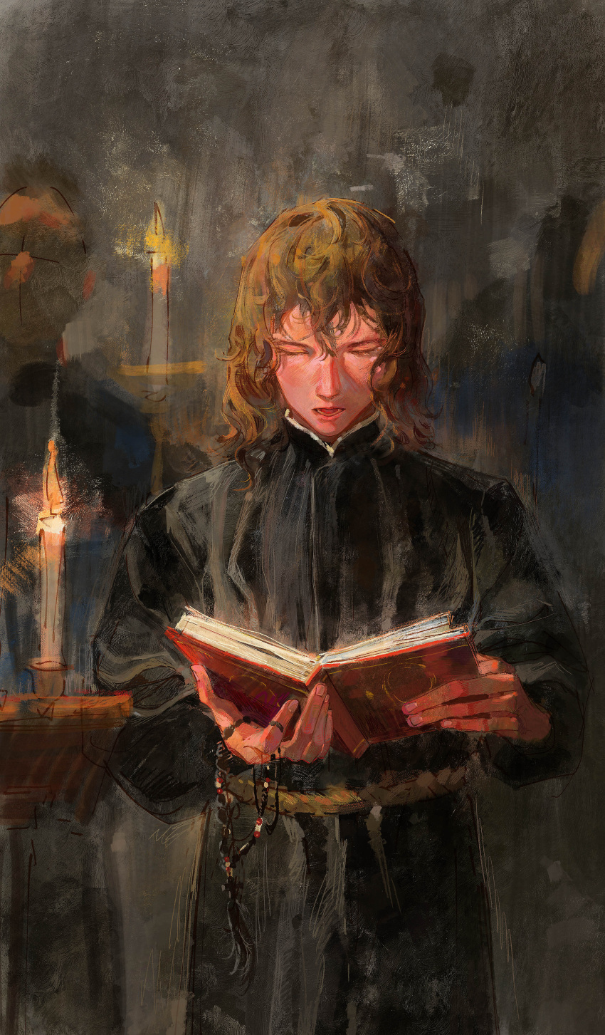 1boy, absurdres, alexei_karamazov, black_robe, book, brown_hair, candle, closed_eyes