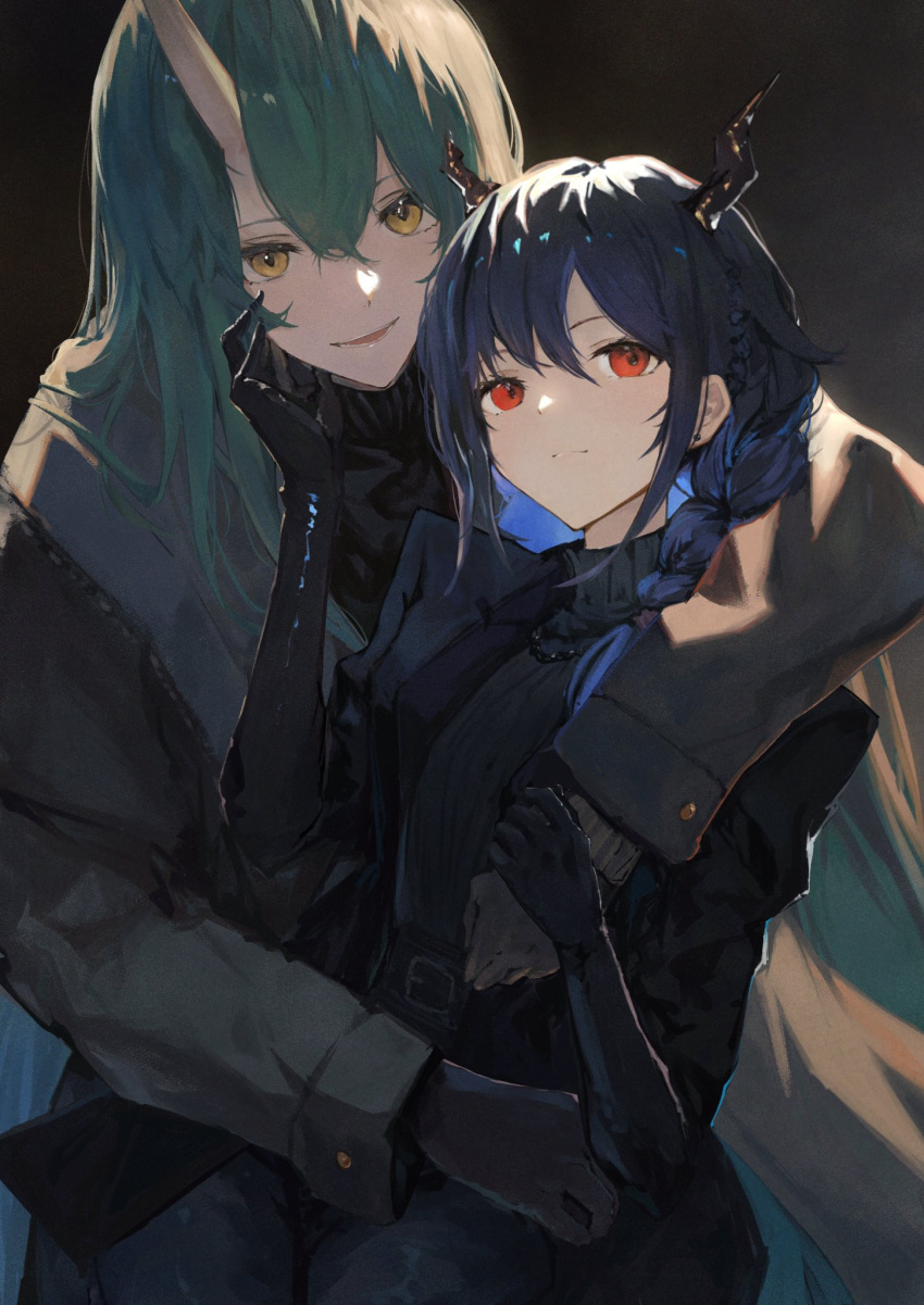2girls, arknights, black_gloves, black_shirt, blue_coat, blue_hair, braid, ch'en_(arknights)