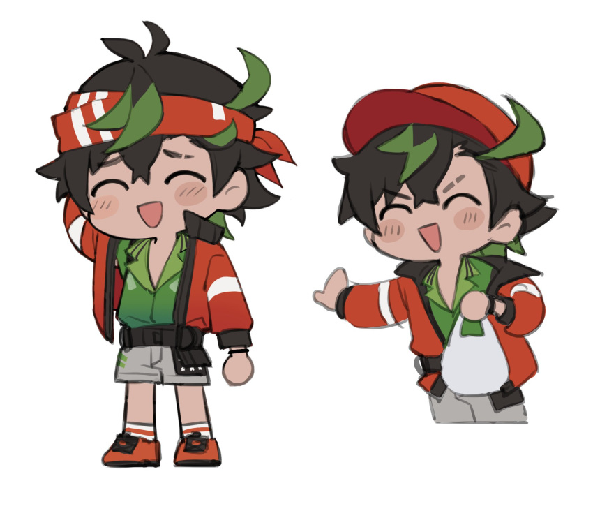 1boy, ^_^, ahoge, arknights, bag, black_hair, bryophyta_(arknights), chibi