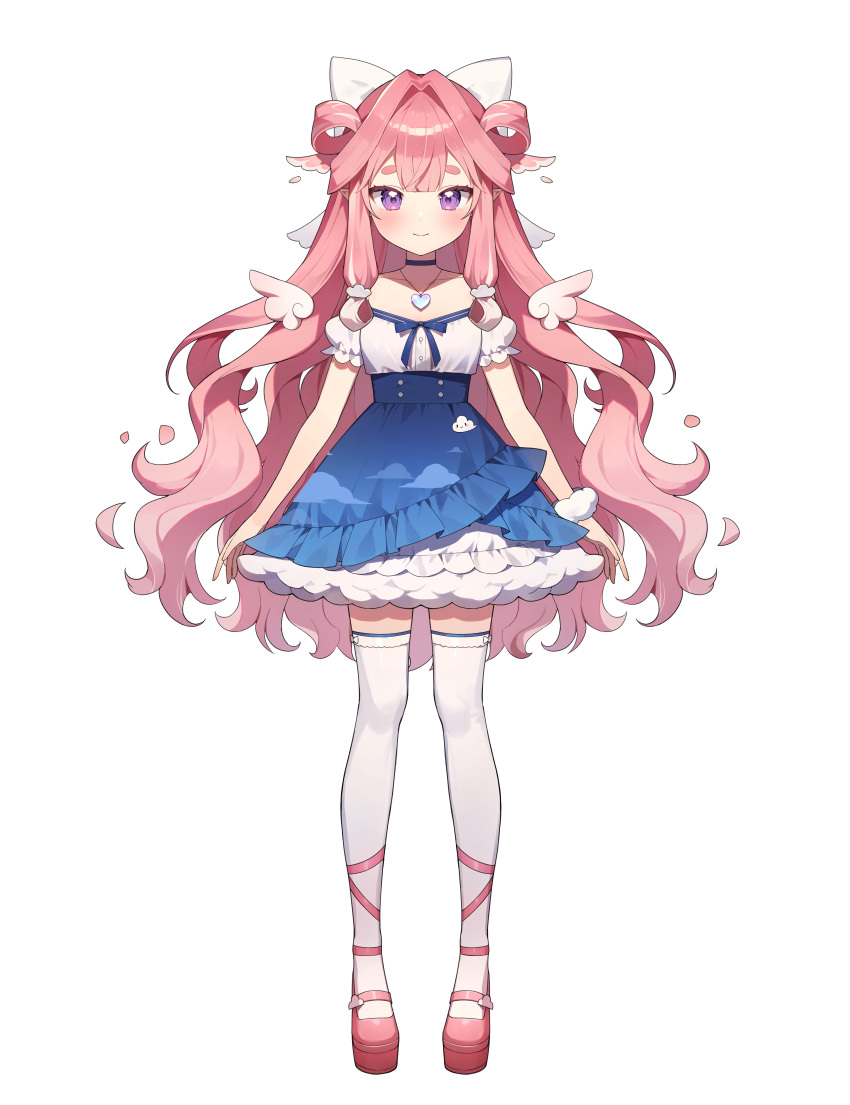 1girl, absurdres, azit_(down), blue_skirt, blush, bow, choker, closed_mouth, cloud_print, collarbone, frilled_sleeves, frills, full_body, hair_bow, heart, heart_necklace, highres, jewelry, kirispica, layered_skirt, long_hair, looking_at_viewer, necklace, official_art, pink_footwear, pink_hair, platform_footwear, scrunchie, shirt, short_sleeves, skirt, solo, standing, thick_eyebrows, thigh-highs, v-dere, very_long_hair, violet_eyes, virtual_youtuber, wavy_hair, white_bow, white_shirt, white_skirt, white_wings, wings, wrist_scrunchie, zettai_ryouiki