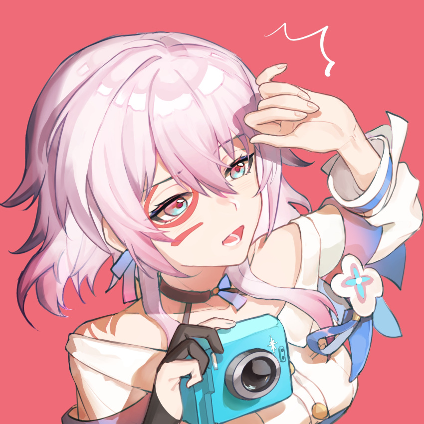 1girl, ^^^, black_choker, black_gloves, blue_eyes, blue_jacket, buttons, camera