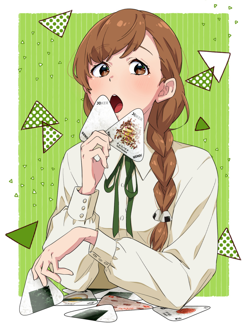 1girl, bow, bowtie, braid, brown_eyes, brown_hair, card, edomon-do