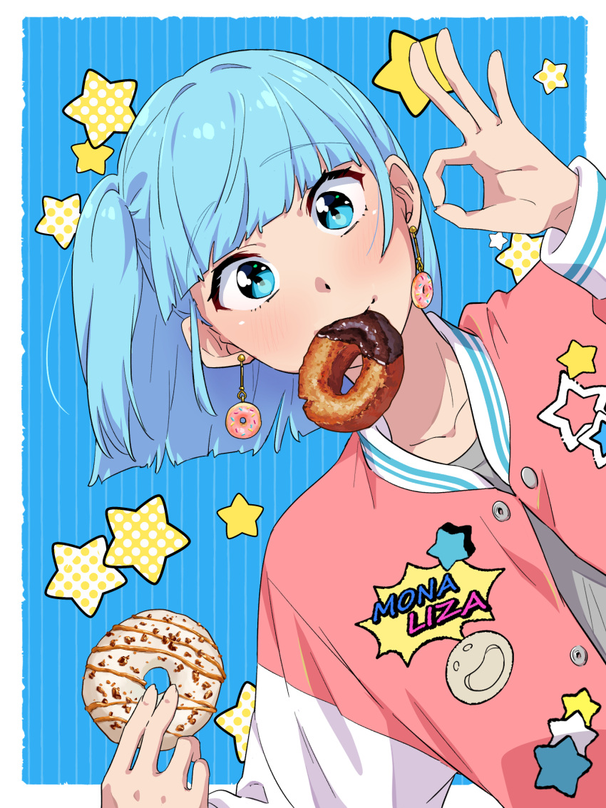 1girl, blue_eyes, blue_hair, border, collarbone, commentary_request, doughnut, earrings