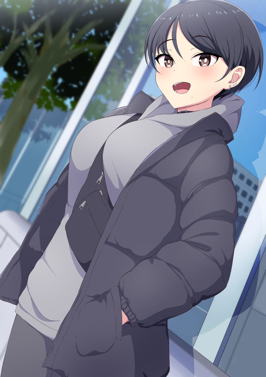 1girl, absurdres, between_breasts, black_bag, black_choker, black_coat, black_hair, black_pants