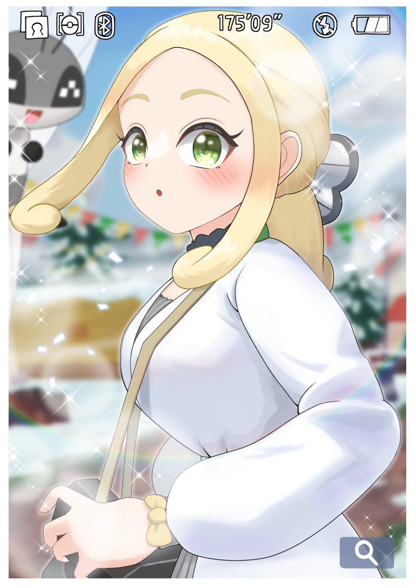 1girl, absurdres, black_collar, blonde_hair, breasts, bug, butterfly, butterfly_hair_ornament