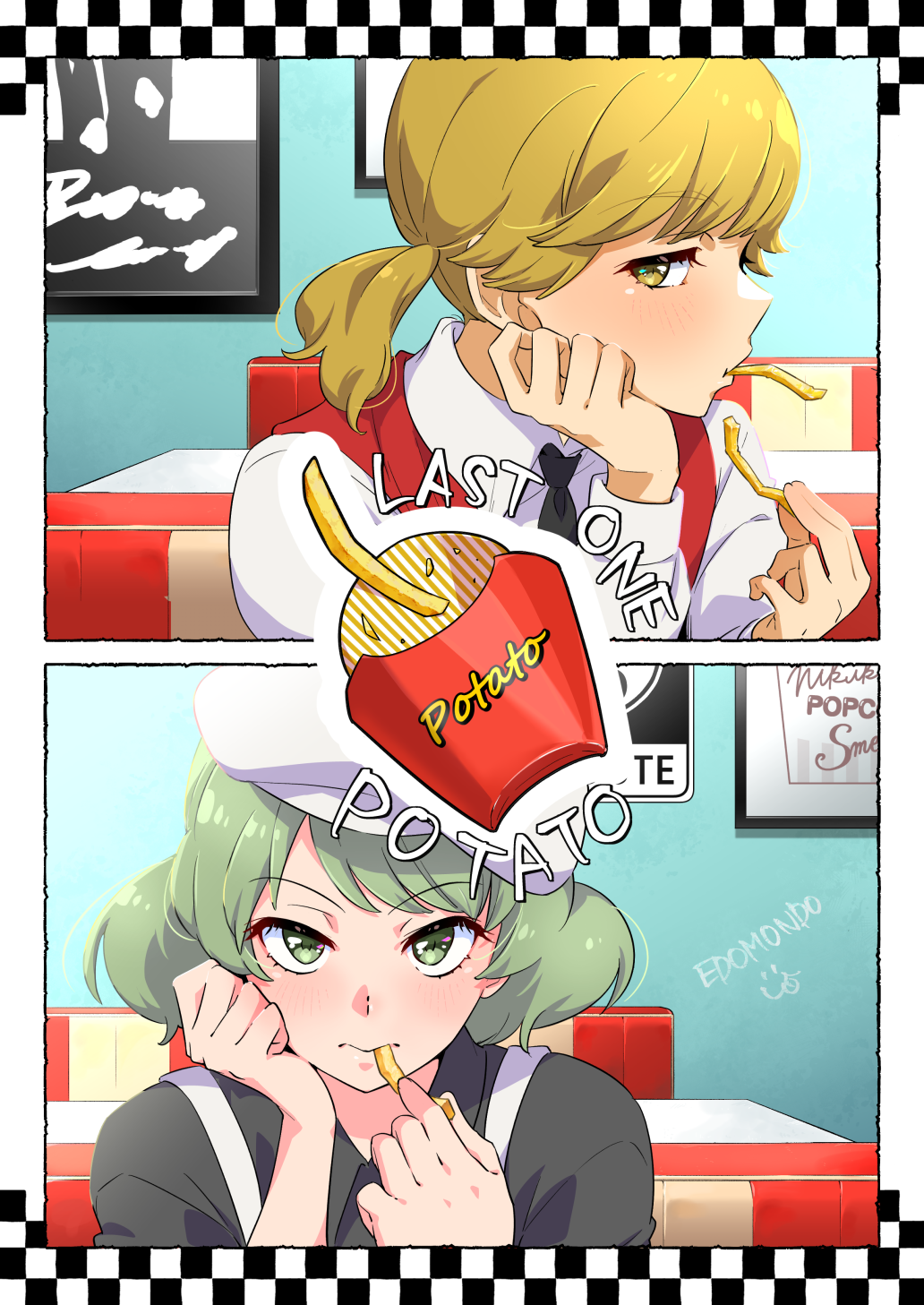 2girls, black_necktie, black_shirt, blonde_hair, blush, collared_shirt, commentary, eating