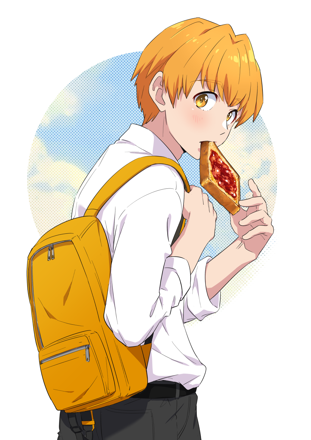 1boy, backpack, bag, belt, black_pants, bread, bread_slice, collared_shirt, eating, edomon-do, food, from_behind, hands_up, highres, jam, koji_(mona_lisa_no_zaregoto), long_sleeves, looking_at_viewer, looking_back, male_focus, mona_lisa_no_zaregoto, mouth_hold, orange_hair, pants, school_uniform, shirt, short_hair, sky, solo, toast, upper_body, white_background, white_shirt, yellow_eyes