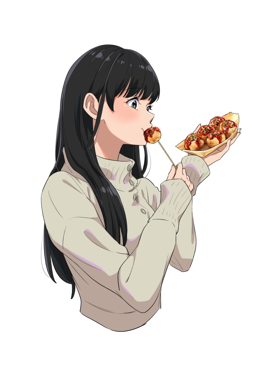 1girl, biting, black_hair, blush, cropped_torso, eating, edomon-do, food
