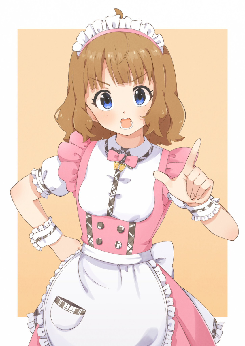 1girl, ahoge, apron, blue_eyes, blush, border, bow, bowtie